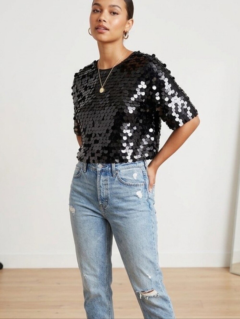 A New Day Black Sequin Top Short Sleeve Party Sparkly Blouse Medium NWOT